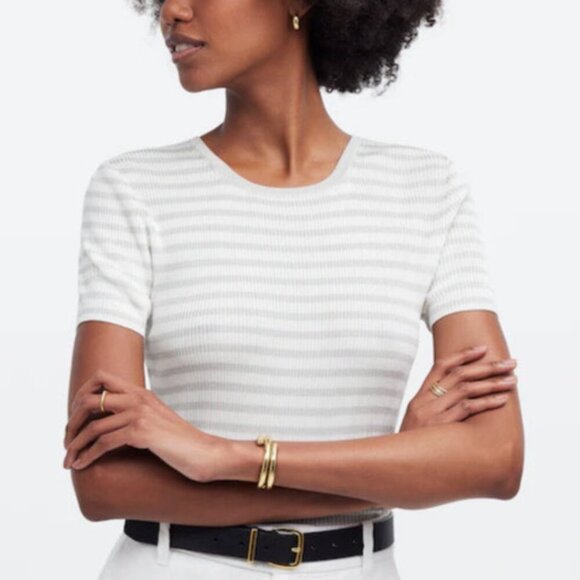 Madewell Monument White Gray Striped Micro-Rib Sweater Tee Size XXS - Picture 3 of 10